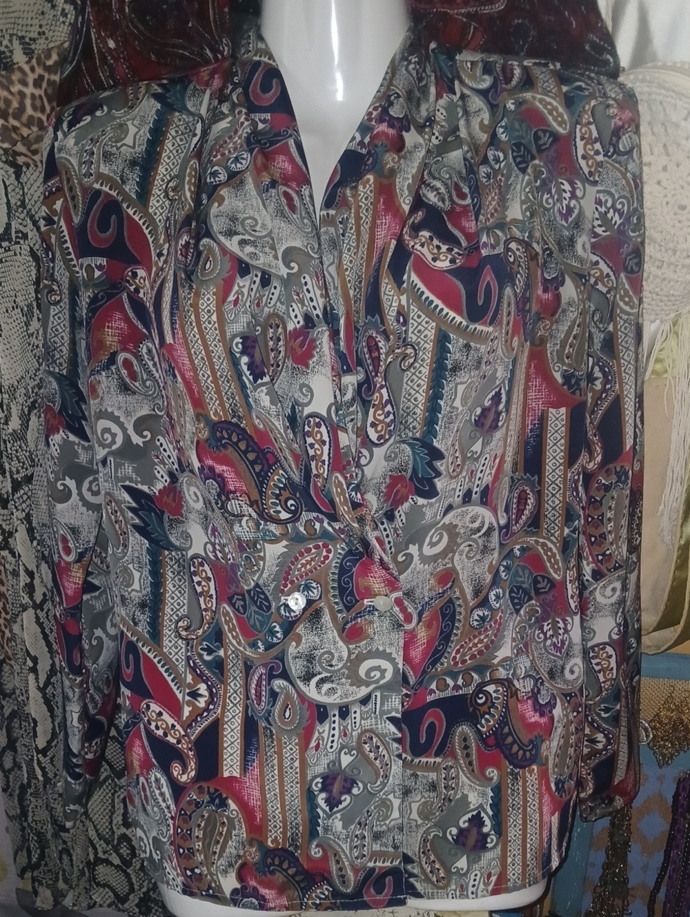 Anna Kriste 80s Vintage Paisley Print 2 Button-Front Business Wear Blouse